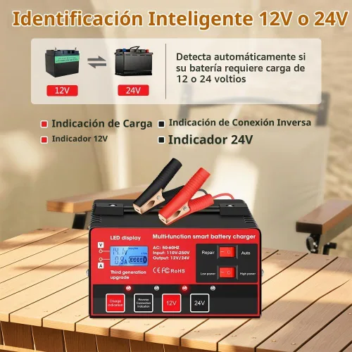 Vista 2 de Outerman - Cargador de batería de automóvil, 12 V, 24 V, de plomo-ácido, pantalla LCD, mantenimiento automático de batería inteligente