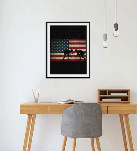 Vista 3 de DVWIVGY Kit de pintura de diamantes de lucha libre con bandera de Estados Unidos, 5D, taladro completo, puntos de diamante, pintura, imagen, arte
