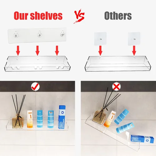 Vista 5 de Estantes acrílicos para baño, paquete de 2 estantes flotantes transparentes para ducha con ganchos transparentes montados en la pared, sin
