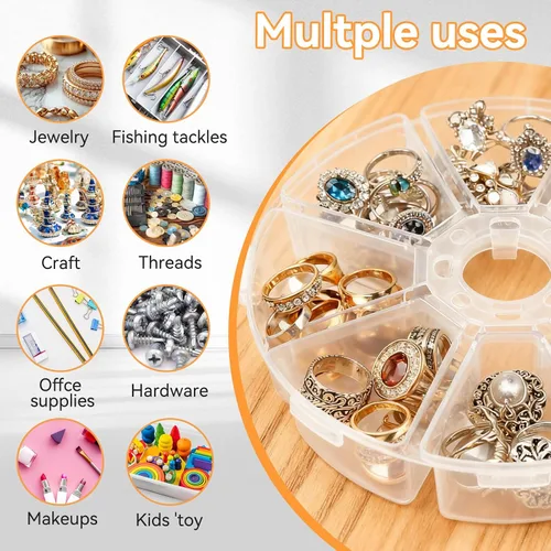 Vista 4 de Organizador de cajas divisoras de joyería de 8 rejillas, contenedor redondo de plástico transparente para almacenamiento de joyas, arte de uñas