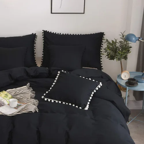 Vista 4 de Softta Euro Sham Covers - Juego de 2 fundas de almohada de 26 x 26 pulgadas con pompón negro, estilo étnico, vintage, 100% algodón puro, fundas