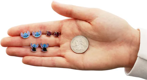Vista 5 de Disney Lilo and Stitch - Juego de aretes de moda, 3 pares, aretes de tuerca, Metal, Circonia cúbica