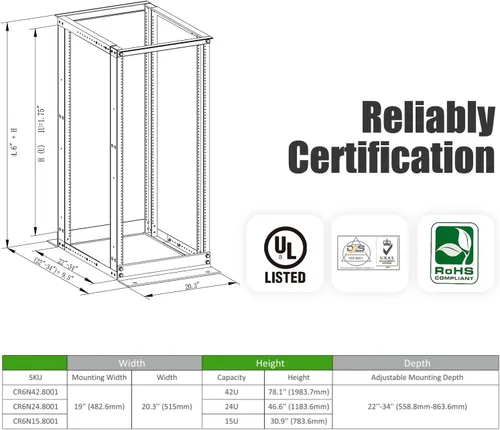Vista 2 de Elevación ELECTRONIS 24U 4 Post Open Rack Frame Rack Rack Enclosure 19 pulgadas Profundidad Ajustable Aluminio UL Certificado
