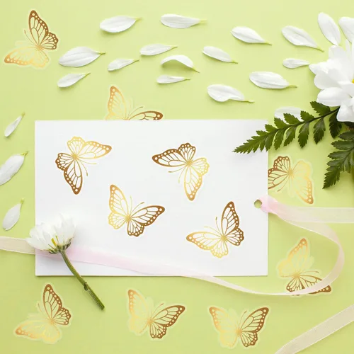 Vista 7 de Whaline 500 unidades de sellos de mariposa dorada, calcomanías de lámina dorada, calcomanías adhesivas de primavera para tarjetas de invitación