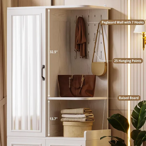 Vista 6 de LIKIMIO Armario Armoire - Armario de madera de 70 pulgadas de alto con espejo, 2 gabinetes, tablero de clavijas y estante abierto, armario grande