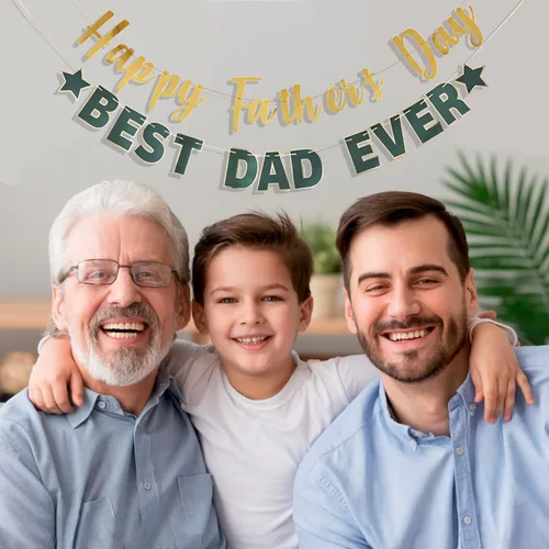 Vista 8 de Pancarta dorada con texto en inglés «Happy Father's Day» para el Día del Padre, decoración de fiesta del padre, guirnalda de fondo para el día