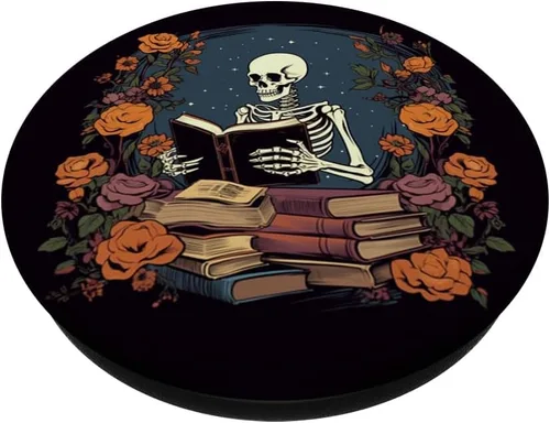 Vista 2 de Bibliotecario esqueleto gótico gótico gótico amante de la lectura de libros PopSockets intercambiables PopGrip