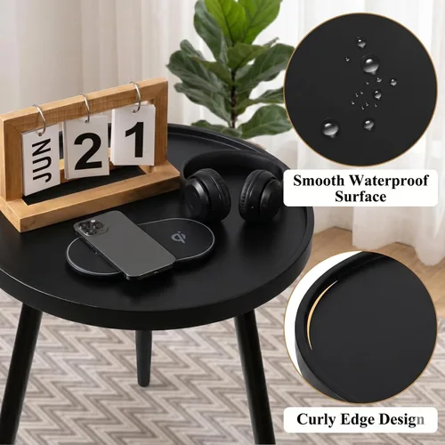 Vista 4 de Mesa auxiliar redonda negra, mesa decorativa con patas de metal con bandeja de madera, mesa auxiliar redonda pequeña para sala de estar, dormitorio