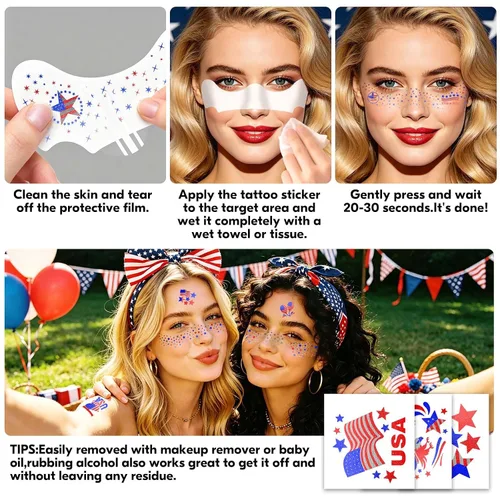 Vista 7 de 28 tatuajes faciales de pecas del 4 de julio, con purpurina, rojo, blanco, azul, bandera de Estados Unidos, estrellas, tatuajes patrióticos