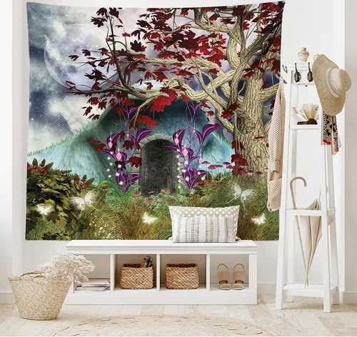 Vista 117 de Ambesonne Tapiz bohemio, diseño floral de bruja, luna y mariposa con adornos de mandala, decoración de tela para colgar en la pared para dormitorio