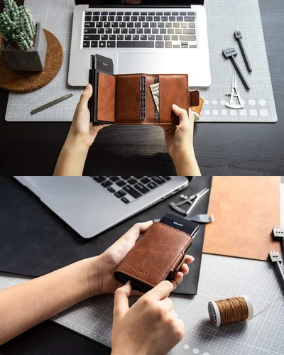 Vista 4 de VULKIT Tarjetero de cuero con bloqueo RFID, billetera desplegable automática con bloqueo RFID, cartera magnética para tarjetas doble para hombres