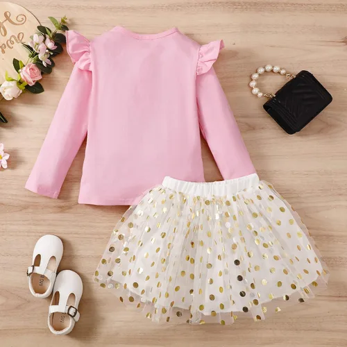 Vista 3 de Toddler Kids Baby Girls Birthday Princess Outfits Long Sleeve Shirt Polka Dots Tulle Tutu Dress Skirt Set 2Pcs