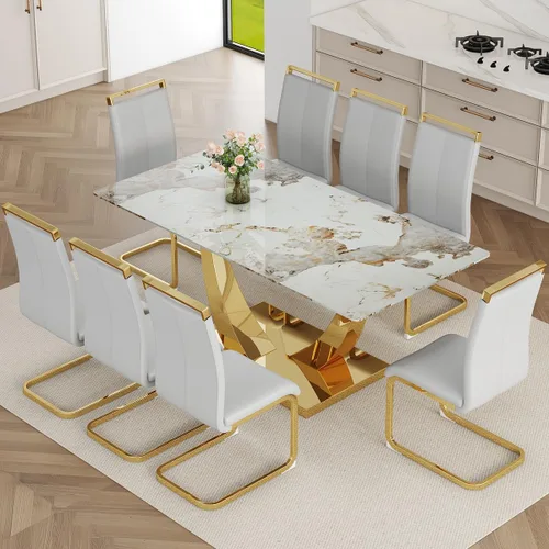Vista 12 de Juego de mesa de comedor de mármol sintético para 6, mesas de comedor rectangulares para 6, mesa de cocina dorada y 6 sillas de piel sintética