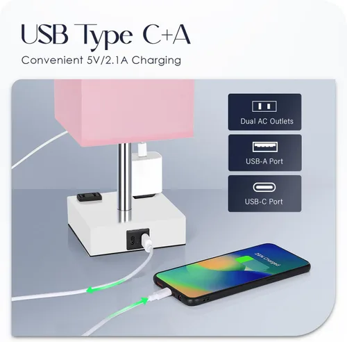 Vista 3 de Lámpara de mesita de noche con puertos USB - Lámpara de mesa con control táctil para dormitorio con puertos de carga USB C+A y tomas de corriente