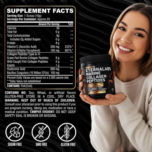 Vista 3 de Péptidos de colágeno en polvo para mujeres y hombres, 17.64 oz Colágeno hidrolizado tipo I y III con ácido hialurónico y vitamina C que apoya