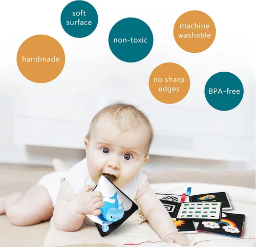Vista 3 de Libros de tela suave para bebés en blanco y negro (paquete de 4), juguetes sensoriales para recién nacidos, niños pequeños, no tóxicos, educación