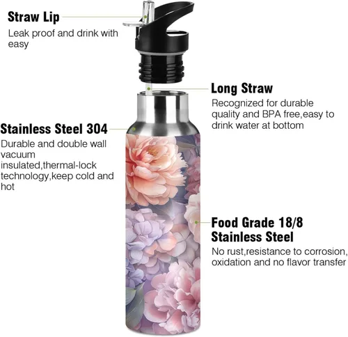 Vista 3 de BPA-Free Sport Water Bottle Insulated 20 Oz, Stainless Steel Vacuum Insulated Water Bottle for Gym Outdoor Travel School, Watercolor Peonies