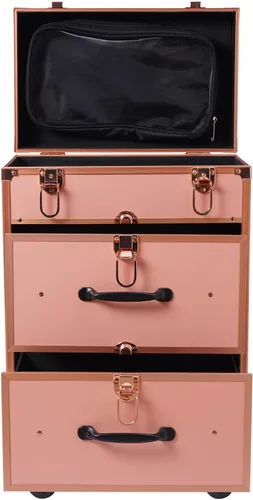 Vista 5 de Estuche de maquillaje profesional con ruedas, con cajones, carrito grande para cosméticos con cerraduras, organizador de almacenamiento