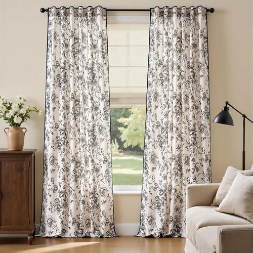 Vista 62 de Jinchan Cortinas de Mezcla de Lino con Estampado Floral para Sala de Estar, 84 Pulgadas de Largo, Cortinas con Bolsillo para Varilla y Tab Trasera