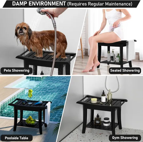 Vista 12 de Taburete Banco de Ducha de Bambú Impermeable con Estante de Almacenamiento para Afeitarse las Piernas o Asiento de Baño de Spa en el Baño y Dentro
