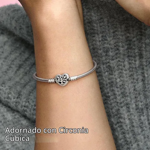 Vista 7 de PANDORA Moments Pulsera de cadena de serpiente con cierre de corazón de árbol genealógico – Dijes compatibles con Moments – Pulsera de plata de ley