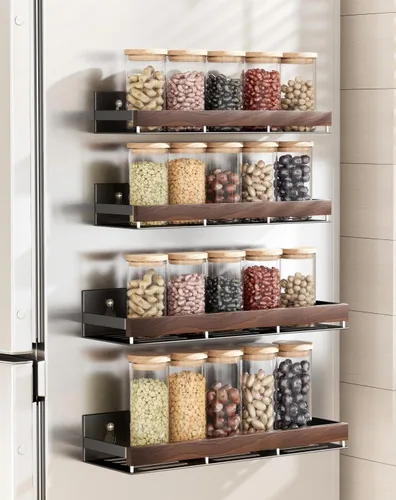 Vista 6 de Organizador magnético de especias de nogal para refrigerador, soporte de pared, estante de especias magnético para refrigerador, organizador
