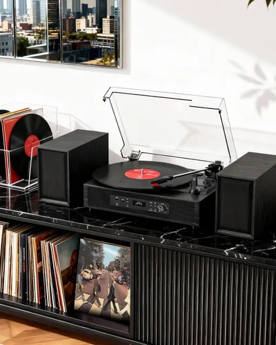 Vista 5 de Reproductor de discos de vinilo con 4+2 altavoces estéreo externos Bluetooth, tocadiscos de 3 velocidades con correa para discos de vinilo, dos