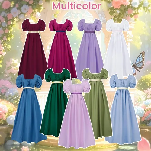 Vista 4 de Vestido de regencia para mujer, cuello cuadrado, manga abombada Verde oscuro