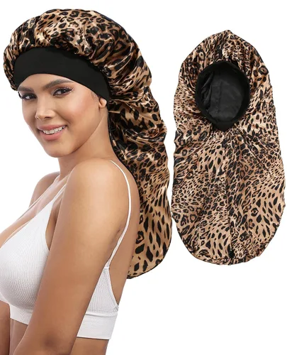 Vista 10 de AWAYTR Gorro largo de satén para mujer, gorro de seda de 2 capas para trenzas, gorro de dormir elástico con gorro de noche de banda ancha (negro)