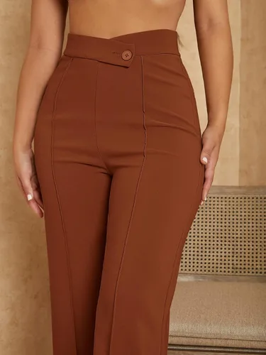 Vista 4 de SweatyRocks Pantalones de pierna ancha para mujer, con costuras delanteras, pantalones largos de cintura alta, pantalones casuales