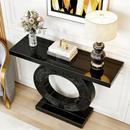 Vista 4 de SSLine Mesa de consola negra con espejo para sala de estar, mesa de entrada moderna de espejo de 43 pulgadas con base de cristal en forma de O