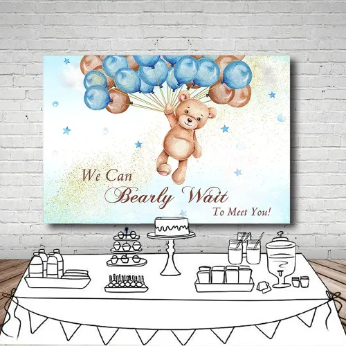 Vista 6 de MEHOFOND Telón de fondo de baby shower con texto en inglés "We Can Bearly Wait to Meet You" de 7 x 5 pies, globos azules y marrones, purpurina