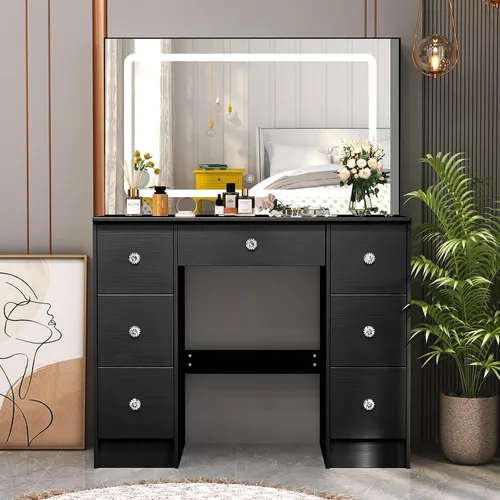 Vista 10 de JBLCC Escritorio de tocador con espejo LED deslizante y luces, juego de tocador blanco con taburete y cajones, brillo de luz de 3 colores ajustable
