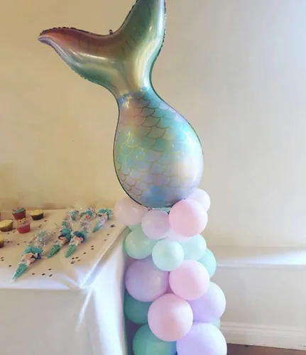 Vista 3 de 7 globos de sirena con números para fiesta de cumpleaños de 1, 2, 3, suministros de decoración de cola de sirena para niñas (número 0)
