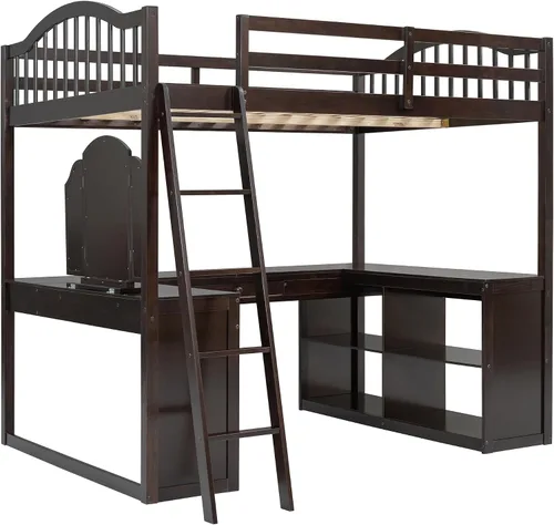 Vista 4 de Cama loft de madera tamaño matrimonial con escritorio en forma de U y espejo de tres pliegues, base de cama tipo loft multifunción con Espresso-10.16