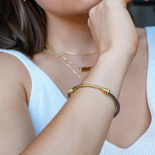 Vista 4 de CIUNOFOR Pulsera para mujeres y hombres, plata y oro, oro rosa, inspirada en cable antiguo, acero inoxidable trenzado, joyería para adultos