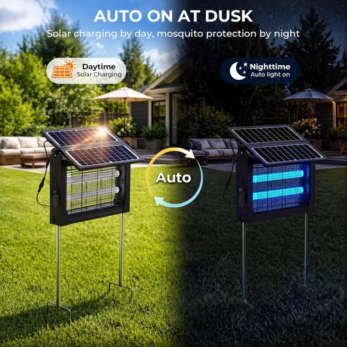 Vista 4 de Exterminador solar de insectos, 4500 V exterminador de mosquitos Panel solar dual y matamosquitos recargable eléctrico USB, modo automático, 3 Negro