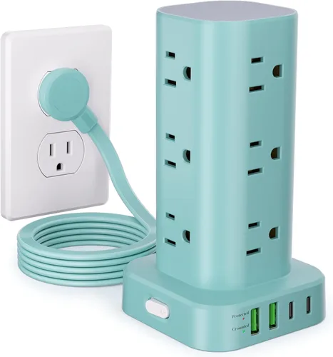 Vista 18 de Regleta de alimentación con cargador inalámbrico, protector de sobretensiones de enchufe plano con cable de extensión de 6 pies, 12 tomas