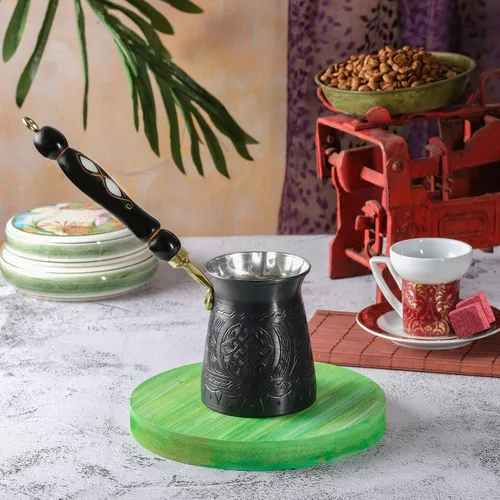 Vista 6 de BCS Cafetera turca griega árabe de cobre de 12 onzas con mango de madera (4 porciones) Cezve Ibrik Briki Cafetera con cuchara de madera