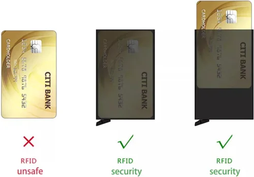 Vista 5 de STM Leaders Cartera delgada con bloqueo RFID, cartera de cuero con bloqueo RFID, billetera desplegable automática, billetera triple de aluminio