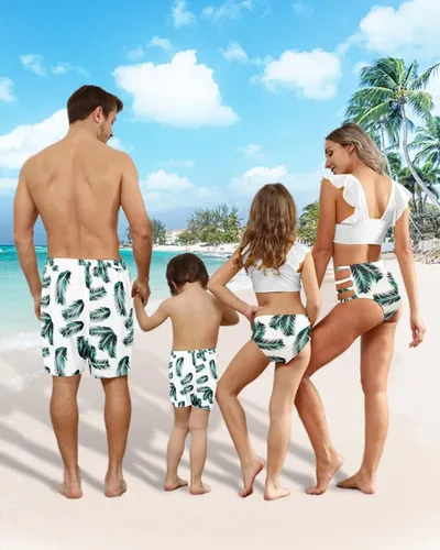 Vista 5 de Matching Family Swimsuits Ruffle&Palm Print Bikini Top Bathing Suits Racerback with High Waisted Bottom Tankini Set