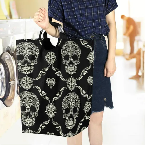 Vista 6 de visesunny Cesta plegable para ropa sucia con diseño de calavera, color negro, grande, de tela Oxford, organizador de juguetes con asa para baño