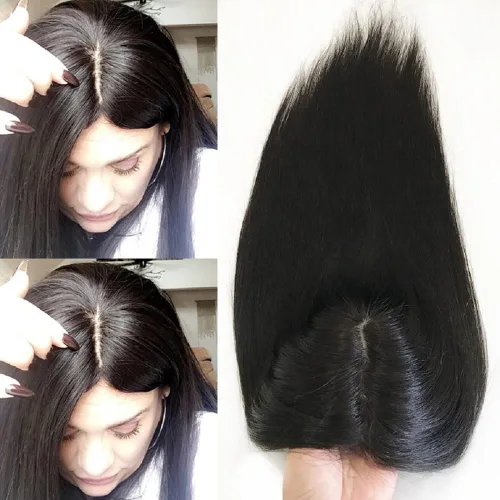Vista 9 de Parte superior de cabello humano con base de seda larga con clip de 5 x 5 pulgadas, extensiones de cabello lacio virgen 100% real, 4.7 x 5.1 in