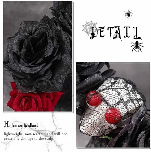 Vista 5 de Diadema de Halloween con diseño de rosas y flores, diadema para el Día de los Muertos, velo negro, diadema para mascarada, disfraz de festival