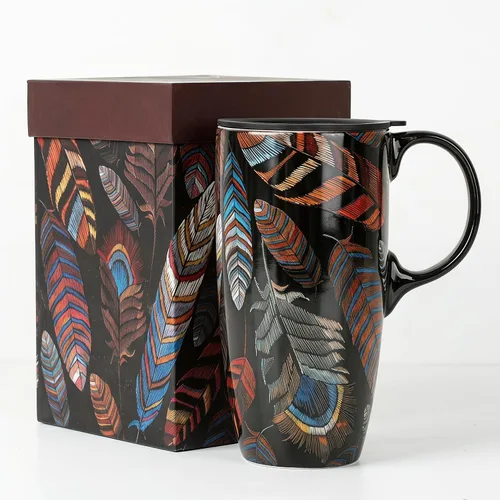Vista 10 de Topadorn Taza de Café de Cerámica de Porcelana Latte Taza de Té con Tapa y Caja de Regalo 17oz, Flor Azul