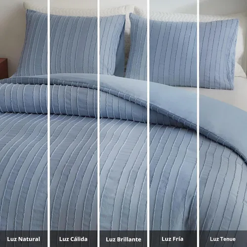 Vista 8 de WARMDERN Juego de funda de edredón a rayas azules, ropa de cama con textura bohemia acolchada con mechones, 2 piezas tamaño Twin de microfibra