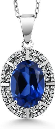 Vista 37 de Gem Stone King Collar con halo de dos filas de 5 a 10 quilates con piedra natal ovalada de 0.55 x 0.39 pulgadas en plata de ley 925 Collar