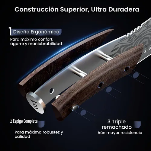 Vista 6 de SYOKAMI - Juego de cuchillos de cocina de estilo japonés de 3 piezas 8.2" Kiritsuke, 7.2" Nakiri, 4" Paring, Precision Cutting, Damascus