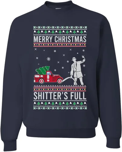 Vista 20 de Wild Bobby Sudadera con gráfico de cuello redondo con texto en inglés "Merry Christmas Shitter's Full Funny Ugly Christmas" Negro (black Hoodie)
