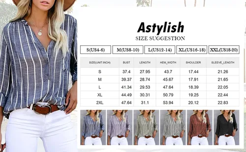 Vista 6 de Astylish Blusa con botones y manga enrollable, cuello en V, a rayas, para mujer